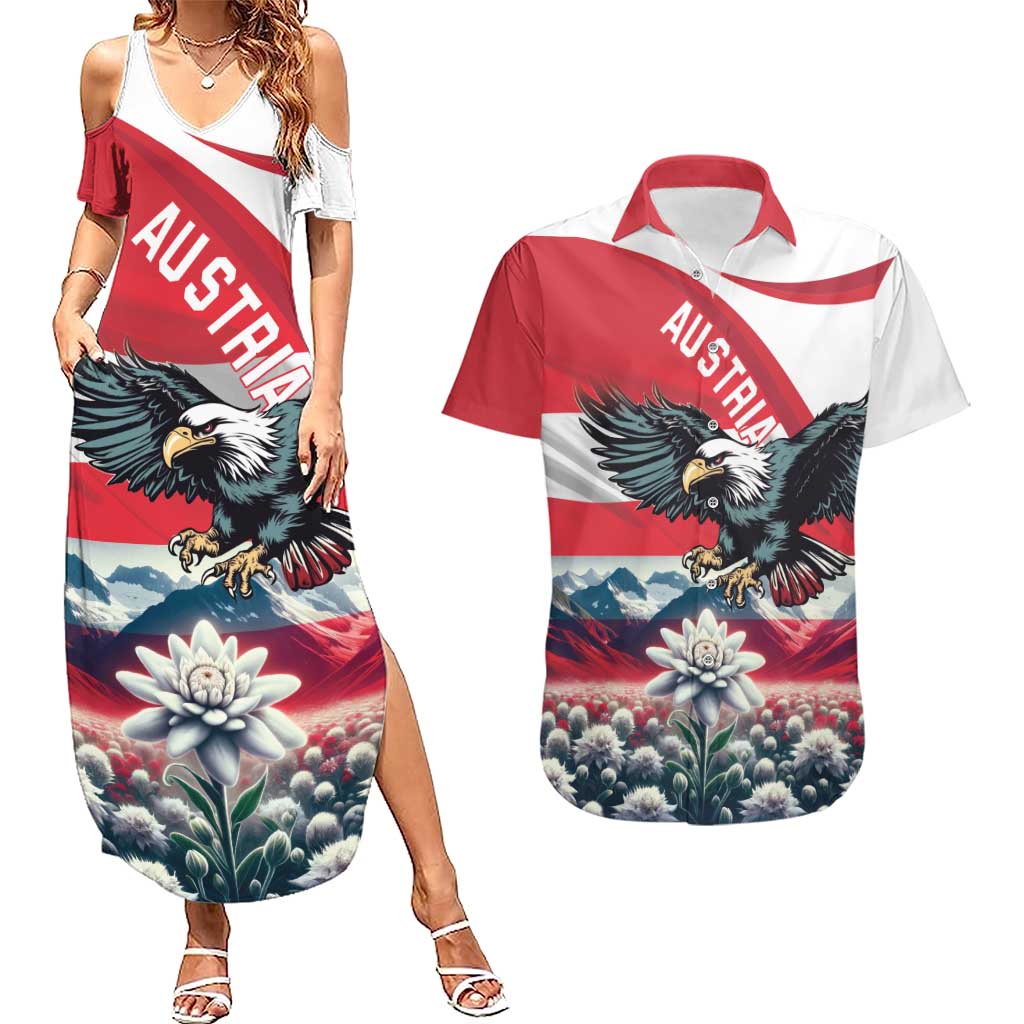 Austria Black Eagle Couples Matching Summer Maxi Dress and Hawaiian Shirt Edelweiss with Austrian Flag - Wonder Print Shop