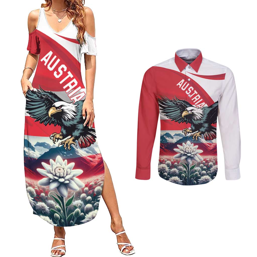 Austria Black Eagle Couples Matching Summer Maxi Dress and Long Sleeve Button Shirt Edelweiss with Austrian Flag - Wonder Print Shop