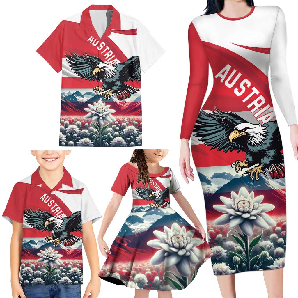 Austria Black Eagle Family Matching Long Sleeve Bodycon Dress and Hawaiian Shirt Edelweiss with Austrian Flag - Wonder Print Shop