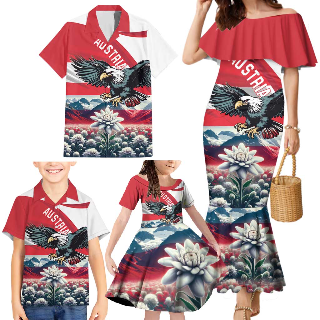 Austria Black Eagle Family Matching Mermaid Dress and Hawaiian Shirt Edelweiss with Austrian Flag - Wonder Print Shop