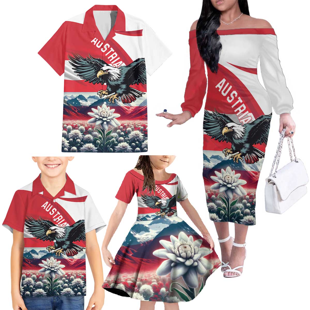 Austria Black Eagle Family Matching Off The Shoulder Long Sleeve Dress and Hawaiian Shirt Edelweiss with Austrian Flag - Wonder Print Shop