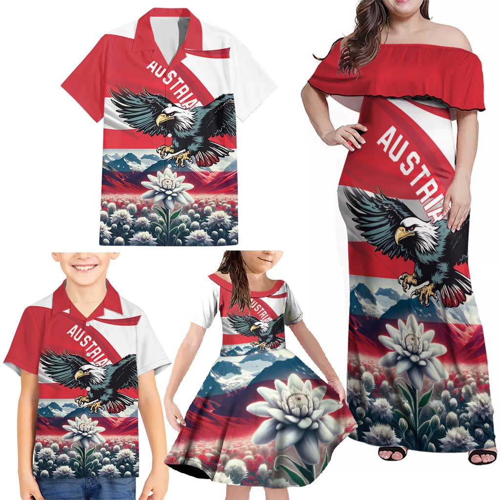 Austria Black Eagle Family Matching Off Shoulder Maxi Dress and Hawaiian Shirt Edelweiss with Austrian Flag - Wonder Print Shop