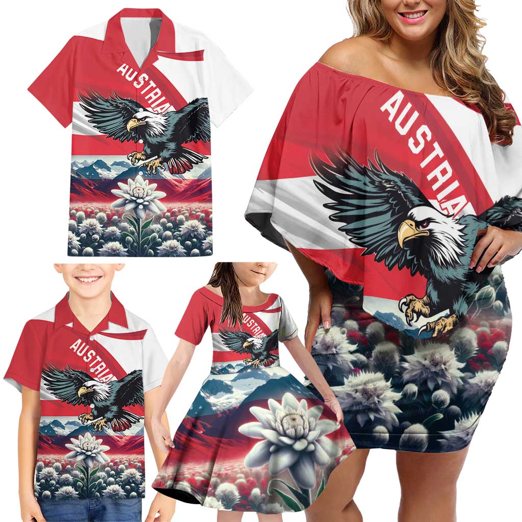 Austria Black Eagle Family Matching Off Shoulder Short Dress and Hawaiian Shirt Edelweiss with Austrian Flag - Wonder Print Shop