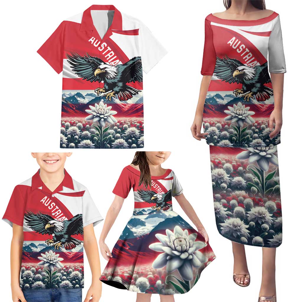 Austria Black Eagle Family Matching Puletasi and Hawaiian Shirt Edelweiss with Austrian Flag - Wonder Print Shop