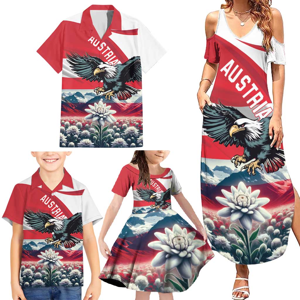 Austria Black Eagle Family Matching Summer Maxi Dress and Hawaiian Shirt Edelweiss with Austrian Flag - Wonder Print Shop