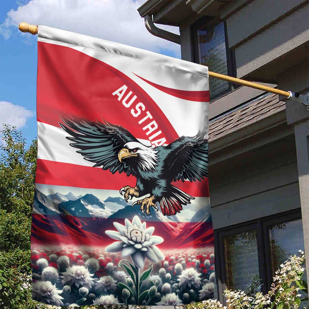 Austria garden flag on a pole with black eagle graphic and edelweiss flower