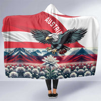 Hooded blanket with Austria flag design, black eagle, mountains, red-and-white pattern