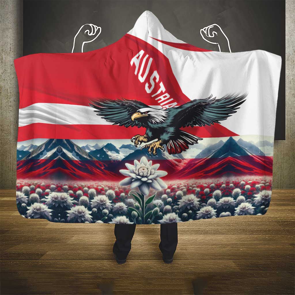 Hooded blanket with Austria flag eagle, mountains and flowers, draped for full coverage