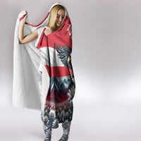 Hooded blanket with hood and Austria flag eagle, red-and-white panels, full-body drape