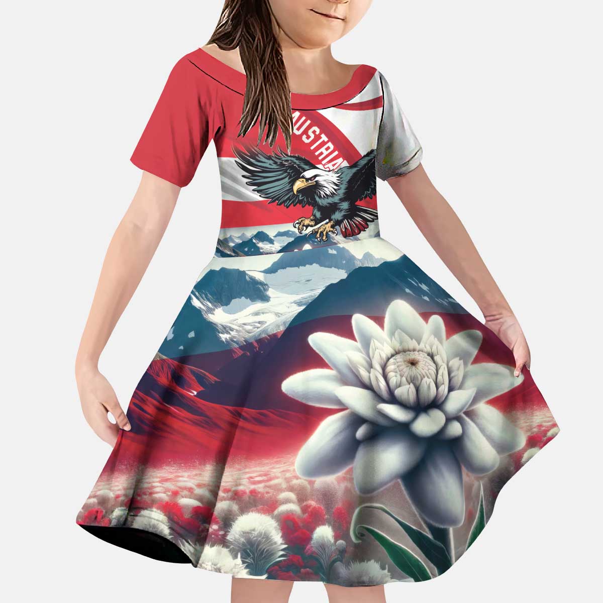 Austria Black Eagle Kid Short Sleeve Dress Edelweiss with Austrian Flag - Wonder Print Shop