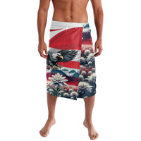 Printed swim trunks with Austrian flag stripes, eagle and mountain clouds, knee length