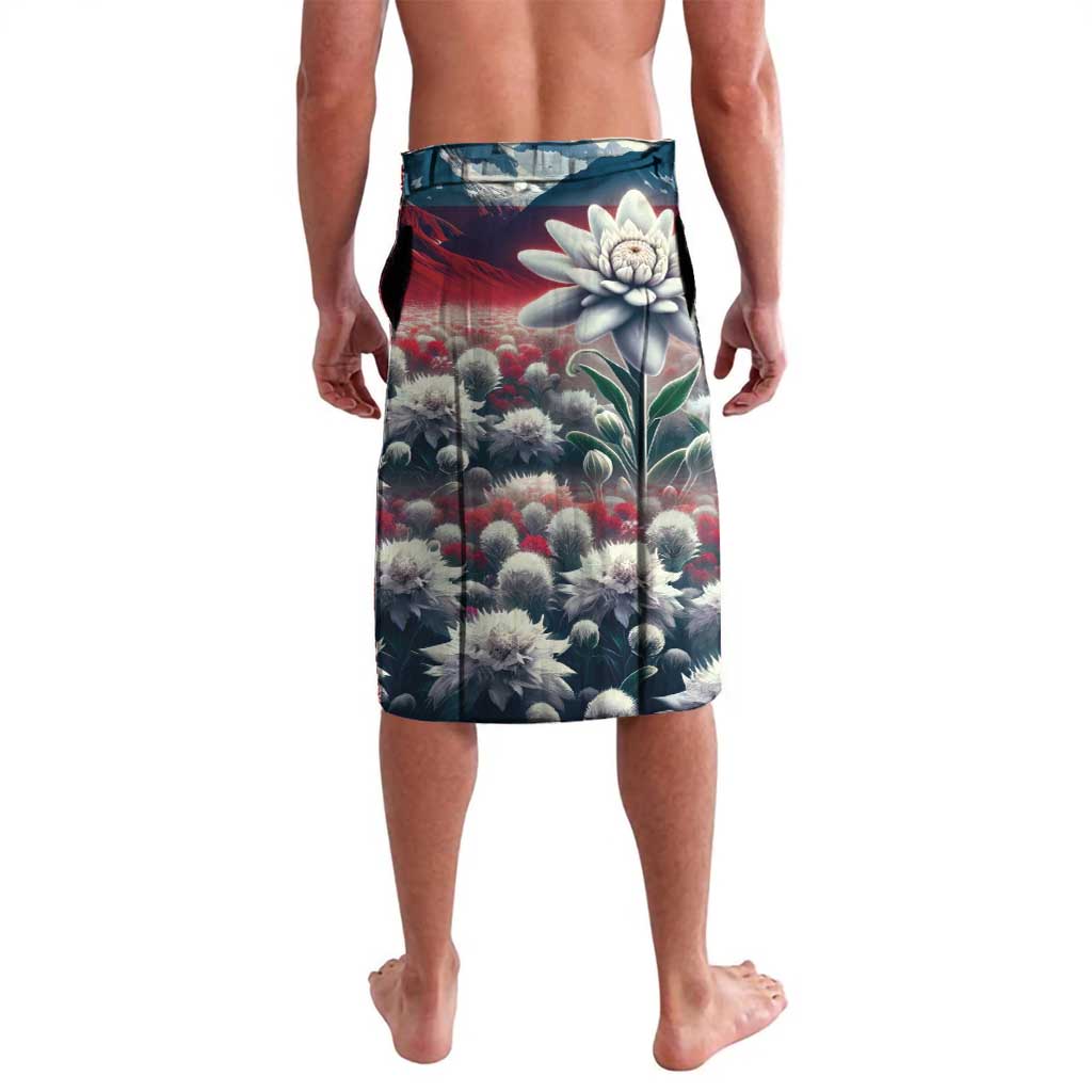 Printed swim trunks with alpine clouds and large white flower, dark blue, knee length