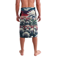 Printed swim trunks with alpine clouds and large white flower, dark blue, knee length