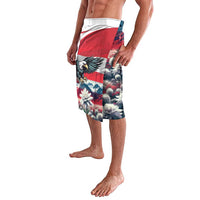Printed swim trunks with eagle and Austrian flag panel, floral cloud motif, knee length