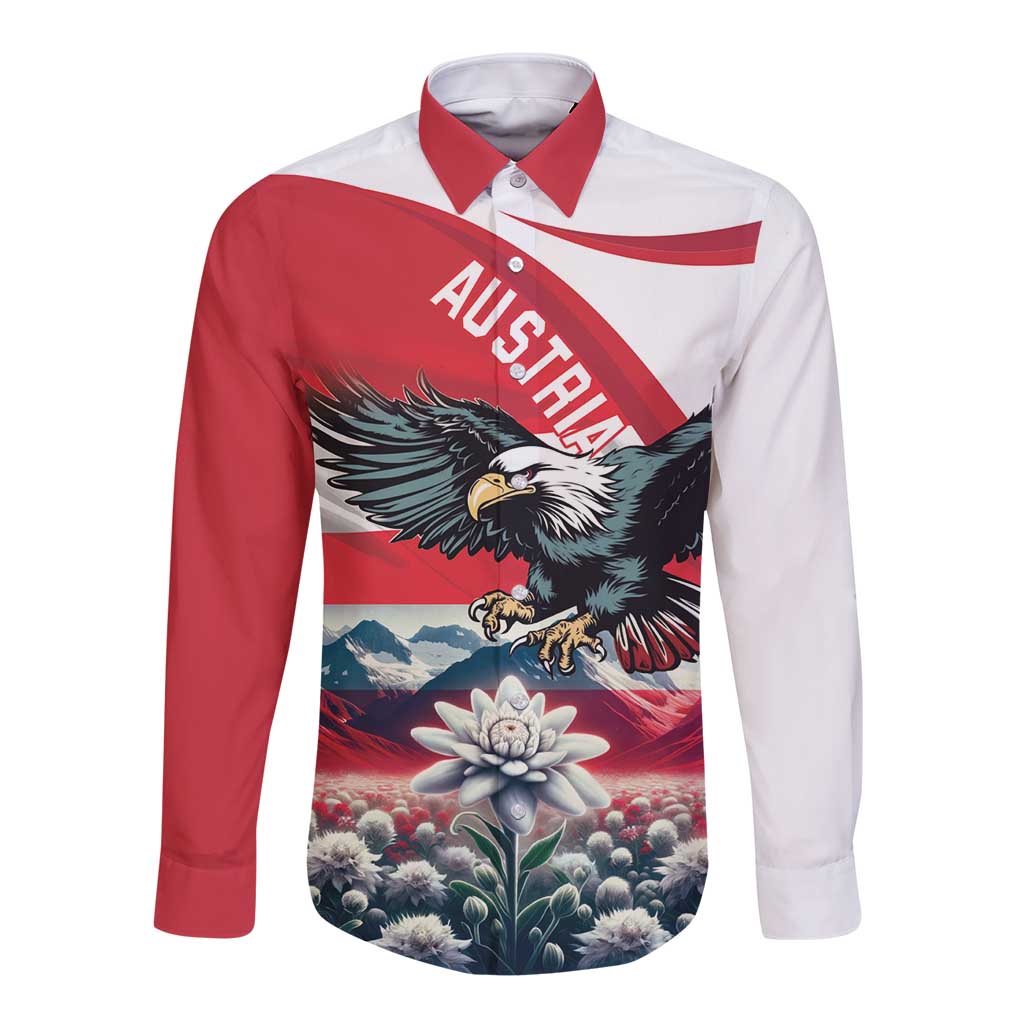 Long-sleeve button shirt with Austria graphic, red and white panel, eagle and edelweiss