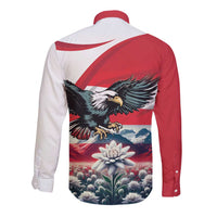 Long-sleeve button shirt with Austria graphic, red diagonal sleeve panel, eagle and flower