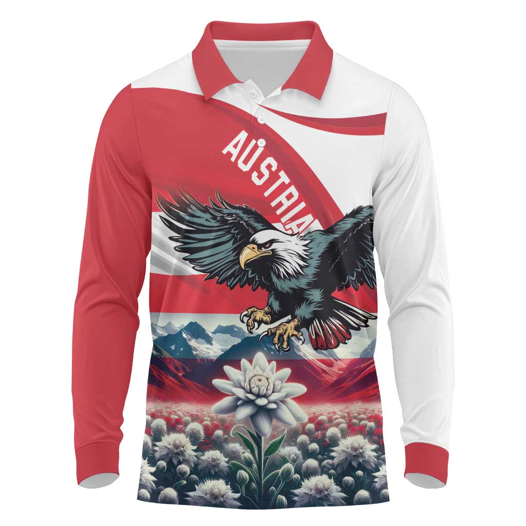 Austria Black Eagle Long Sleeve Polo Shirt Edelweiss with Austrian Flag - Wonder Print Shop