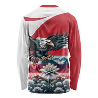 Unisex long-sleeve shirt, red and white with eagle crest and flower print on back