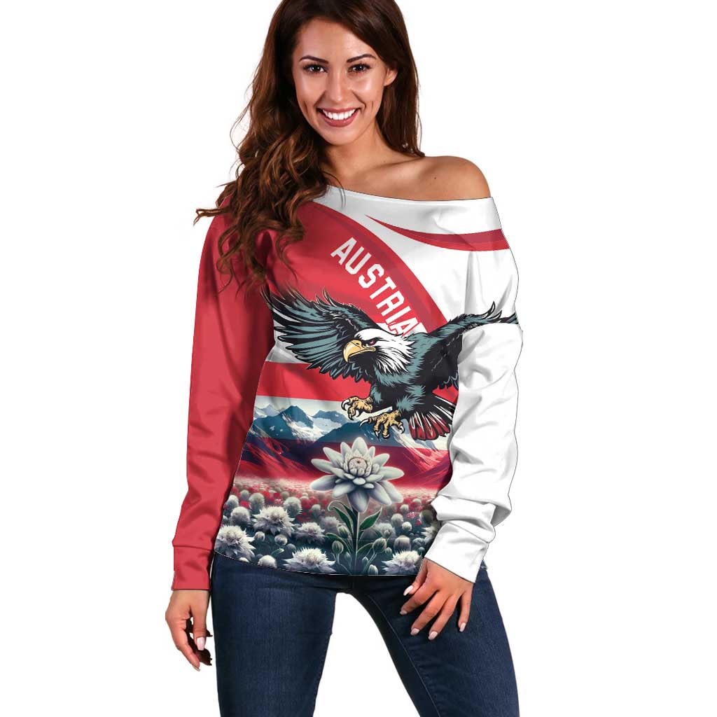 Austria Black Eagle Off Shoulder Sweater Edelweiss with Austrian Flag