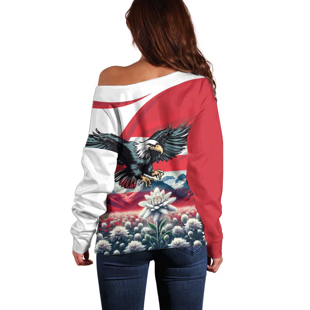 Women’s off-shoulder sweater, back view, Austria eagle and floral mountain print on red/white