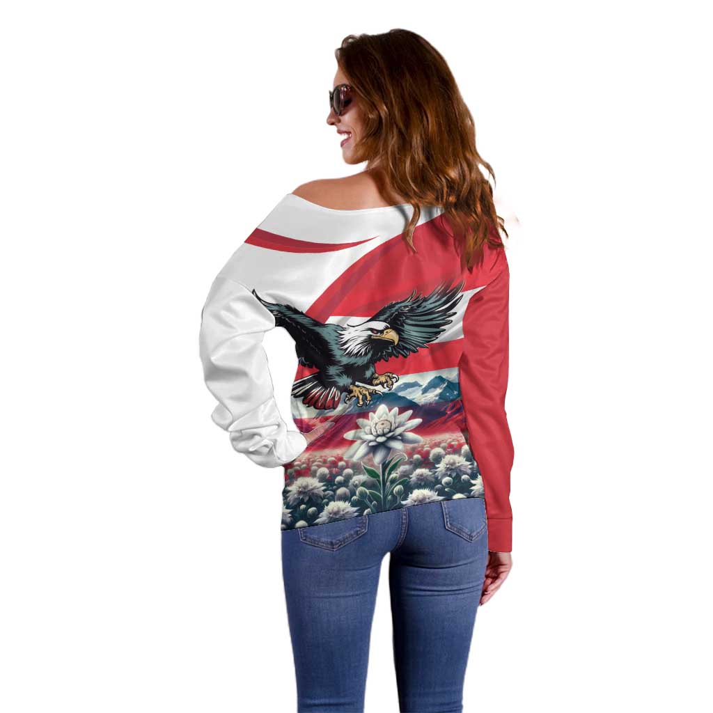 Women’s off-shoulder sweater in Austria flag colors with eagle and flower graphic