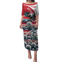 Red, white and black long midi dress with eagle and floral landscape print