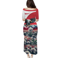 Red and white long midi dress, back view, eagle and floral landscape print