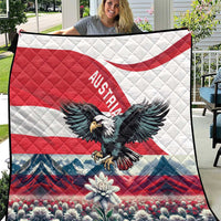 Red and white Austria flag quilt with black eagle and blue flower field design