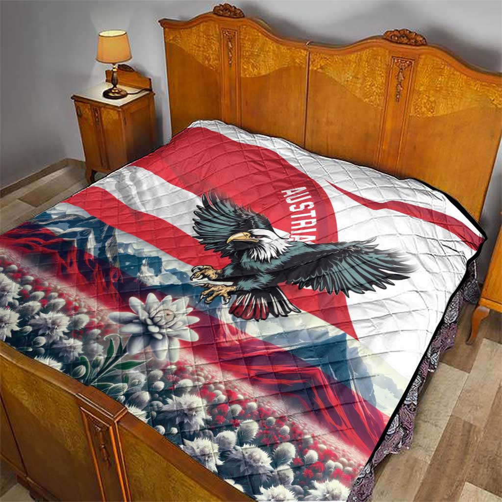 Austria flag quilt on a bed with black eagle graphic and red-white-blue waves