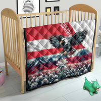 Austria flag quilt on a wooden crib with black eagle and red stripe design