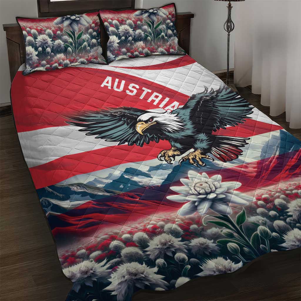 Quilt bed set with Austria eagle, red-white-blue striped design and two floral pillowcases