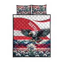 Quilt bed set with Austria eagle and flag stripes, two pillows in red, white, and blue