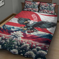 Quilt bed set on bed with Austria eagle centerpiece and red-white-blue striped quilt, two pillows