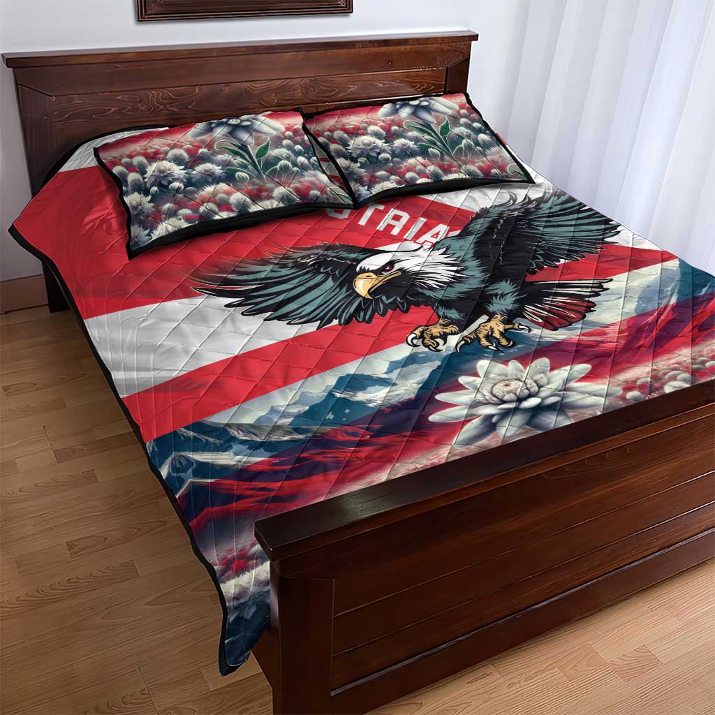 Quilt bed set with Austria eagle and floral designs over red-white-blue quilt top, two pillows