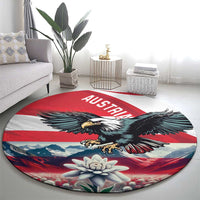 Round Austria flag carpet with black eagle wings, AUSTRIA lettering, mountains and edelweiss bloom