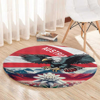 Round Austria flag carpet featuring black eagle, AUSTRIA banner, mountain scene and large edelweiss