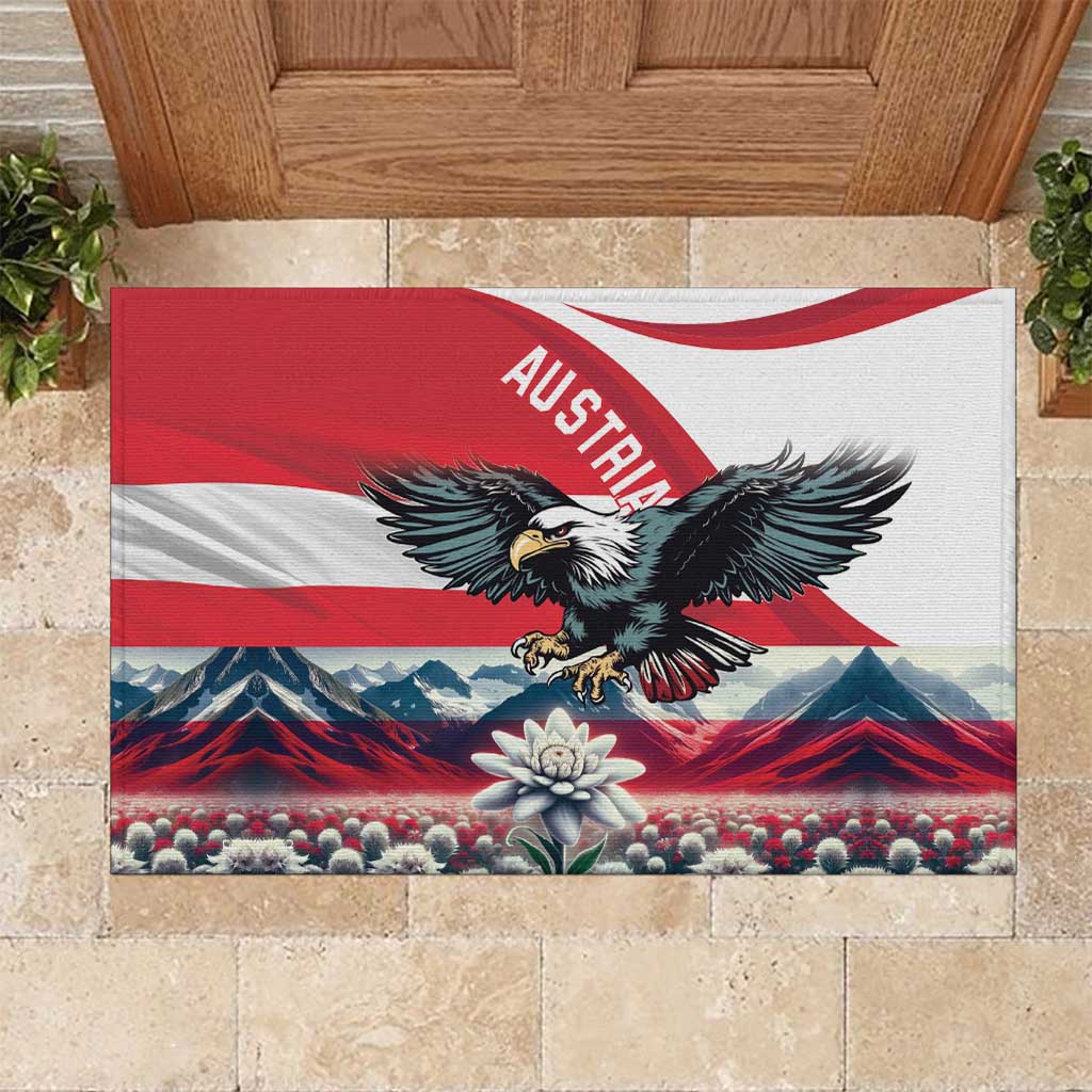Austria flag rubber doormat with black eagle, alpine mountains and edelweiss flowers