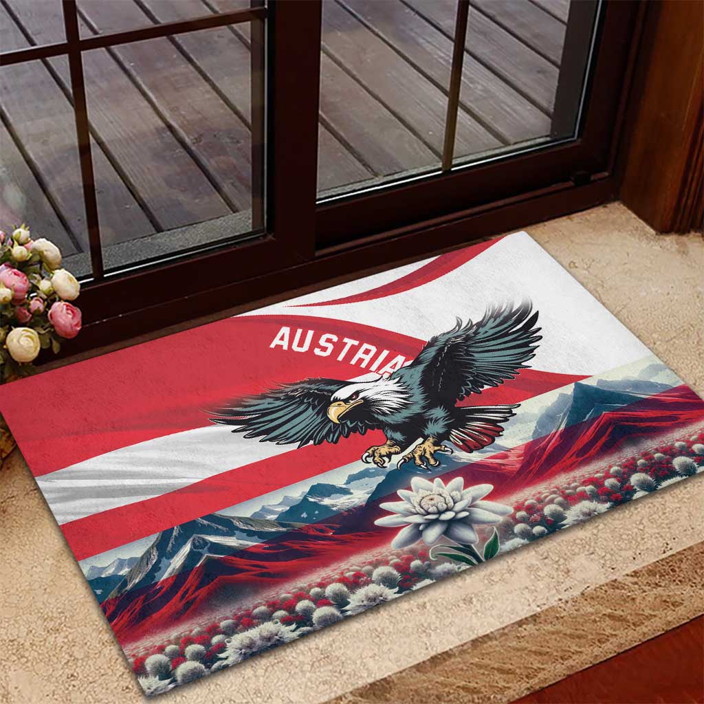 Austria flag rubber doormat with black eagle and alpine scenery on entrance step