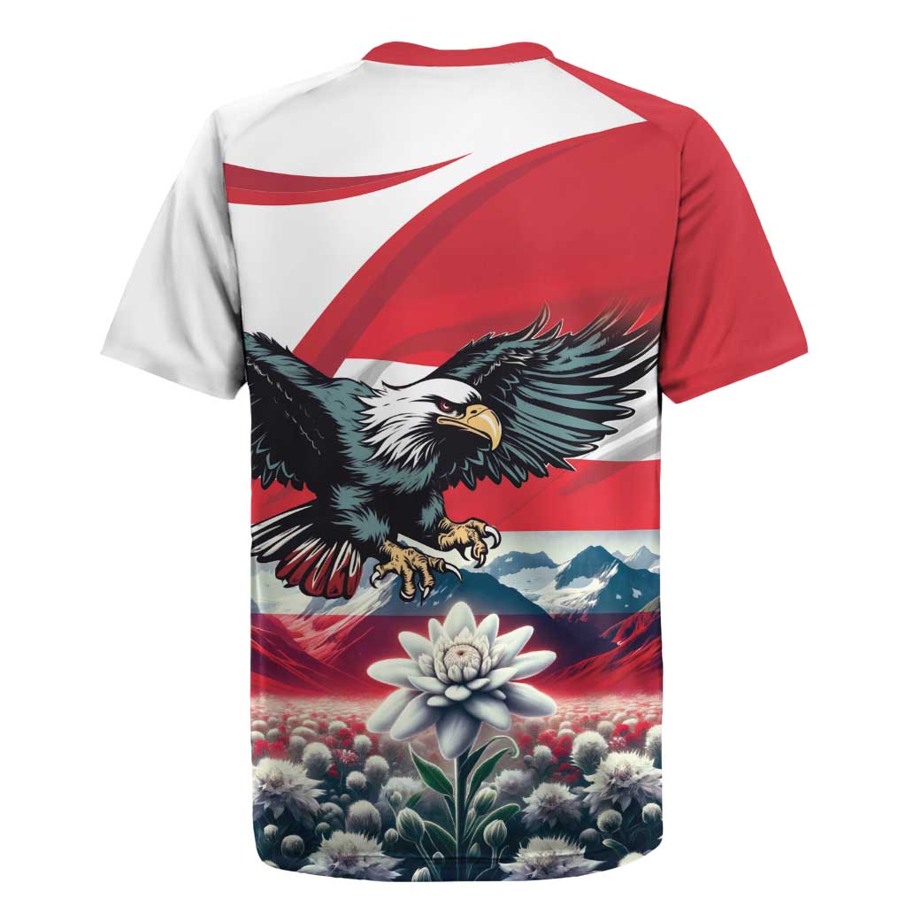 Red and white rugby jersey, back view with eagle and Edelweiss flower artwork