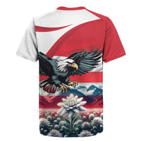Red and white rugby jersey, back view with eagle and Edelweiss flower artwork