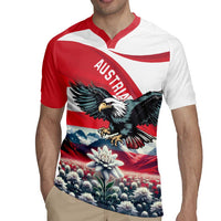 Red and white rugby jersey with eagle and Edelweiss floral print, front view