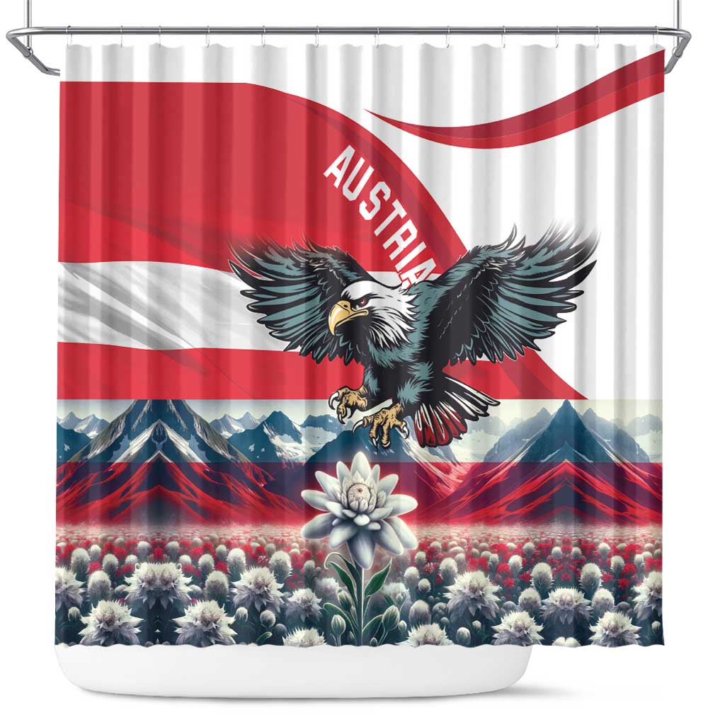 Austria flag shower curtain showing black eagle over mountains and a large flower