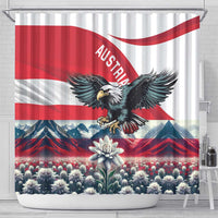 Austria flag shower curtain with black eagle, layered mountains, and an Edelweiss-style bloom