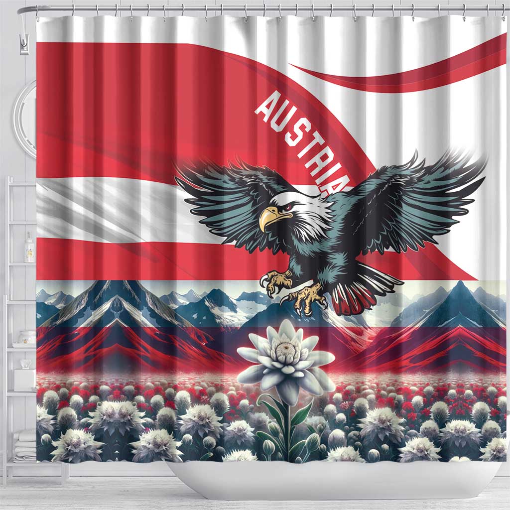 Austria flag shower curtain with black eagle above mountain peaks and a wildflower center