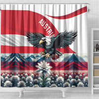 Austria flag shower curtain featuring black eagle, mountains, and a red-striped landscape