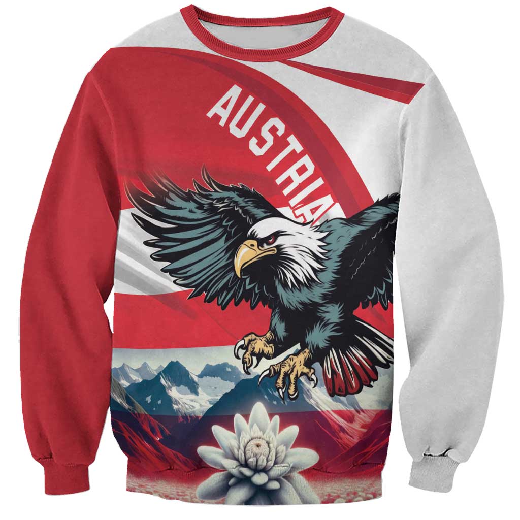 Unisex crewneck sweatshirt with red-and-gray eagle graphic and white flower detail