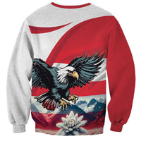 Unisex crewneck sweatshirt, red-and-gray eagle print with white flower on back