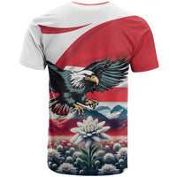 Red/white T-shirt back with black eagle, mountains, flowers, and red diagonal stripe
