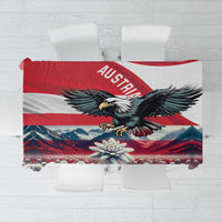Austria tablecloth panel with eagle graphic, red top band, and mountain flower design