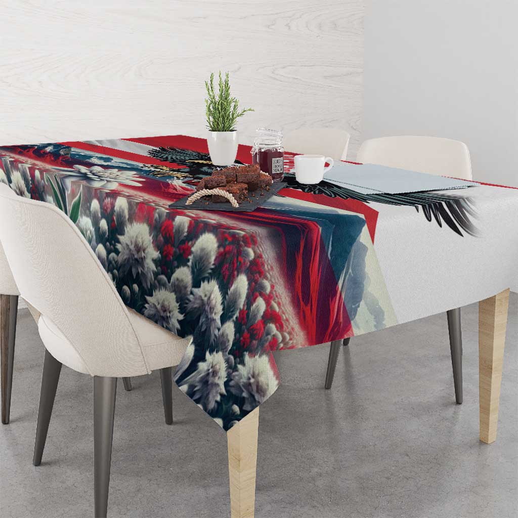 Floral tablecloth with red trim stripes and draped corners on a dining set